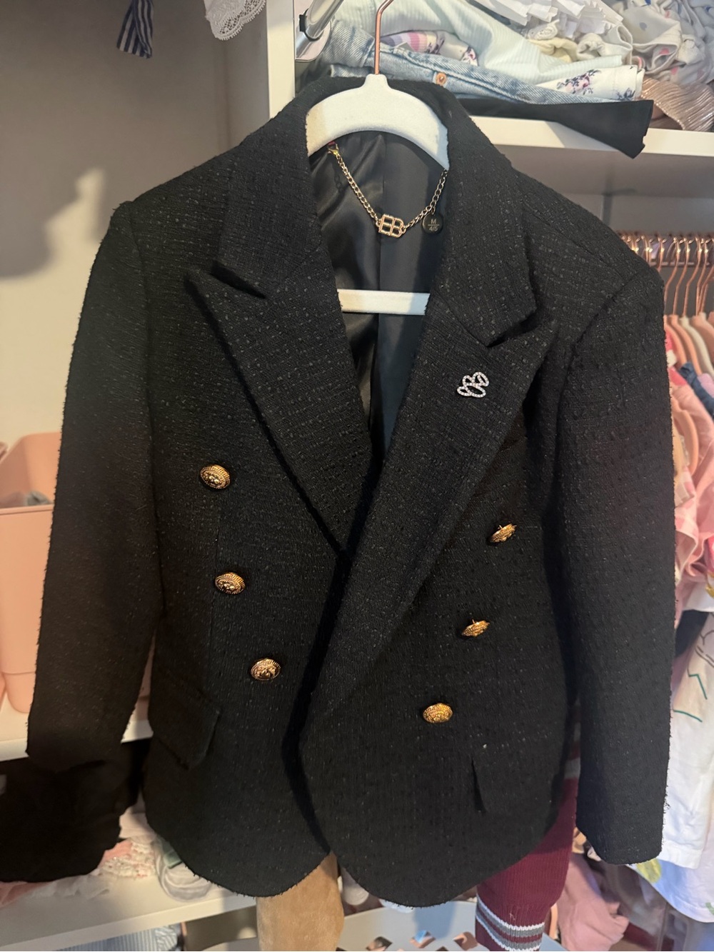 Elie Balleh Black Double-Breasted Tweed Blazer Jacket Boys Size 4-5 Medium